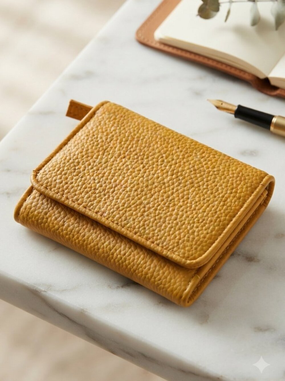 Mustard Yellow Pebbled Trifold Wallet Compact Faux Leather